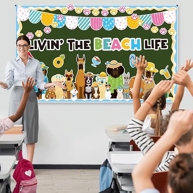 Justforjoyful Summer Dog Bulletin Board Decorations Hawaiian Dog Theme Classroom Back to School Bulletin Board Border Set Cute Puppy Pet Dog Paw Paper Cutouts for School Chalkboard Supplies Wall Decor
