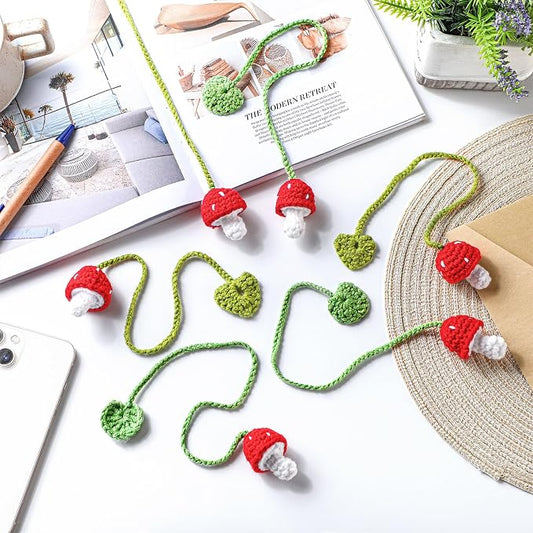 6 Pcs Crochet Bookmarks Mushroom Plant Handmade Knitted Bookmarks Crochet Page Markers Curtain Tiebacks Appreciation Gifts for Readers Teachers Mother Book Lovers Cottagecore Decor
