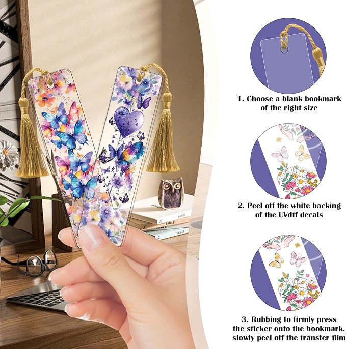 AFRITEE UV DTF Bookmark Wraps - 24 Sheets Colorful Butterfly Flowers UV DTF Stickers for Blanks Bookmark Decor, Blue Butterfly Double-Sided Waterproof Transfer Sticker Decals Decor Gift for Women