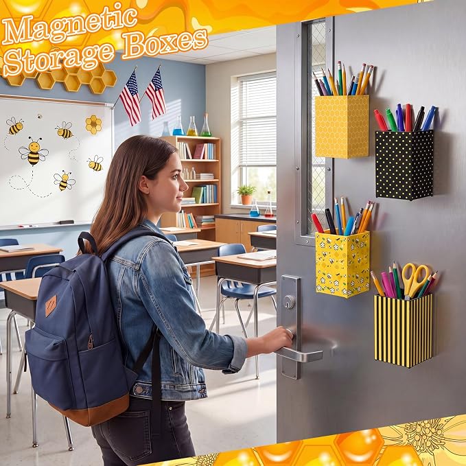 6 Pcs Bee Theme Classroom Decor Classroom Magnetic Storage Boxes Magnetic Storage Containers Plastics Pen Holder for Refrigerator Whiteboard Home Office School Organizer Supply