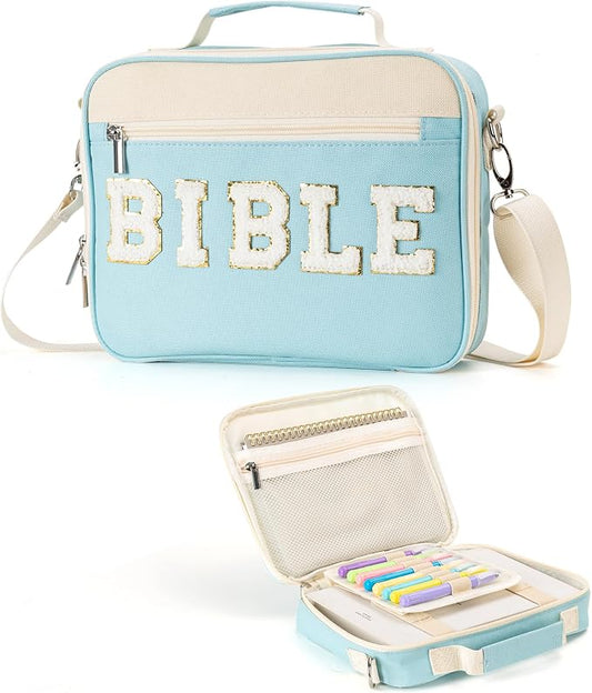 PLOZANO Bible Cover Case for Women, Large Chenille Letter Bible Bag with Shoulder Strap,Blue Bible Carrying Tote Bags for Bible Study Accessories, for Women Lady Teen Grils (Blue)