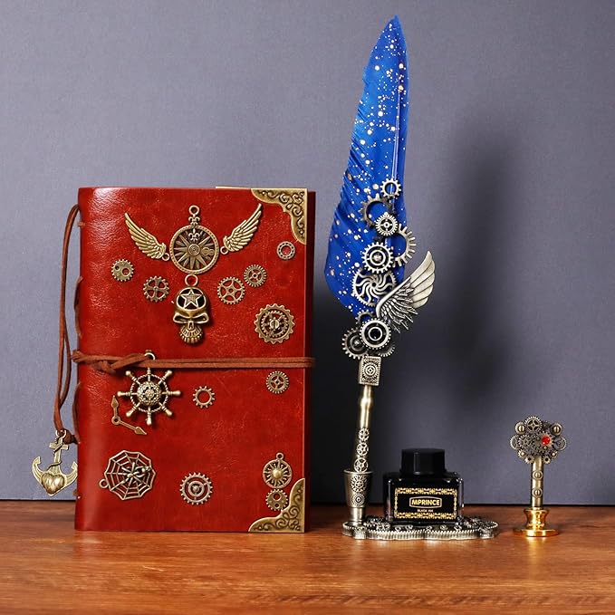 Aifeiter Quill Pen Ink Set Leather notebook With Quill Pen,Notebook,5 Replaceable Nibs,Seal Stamp,Spoon,Wax Beads,White Wax,Ink,Pen Holder,Cup,Envelope,Letter Paper,Envelope Tool(blue)
