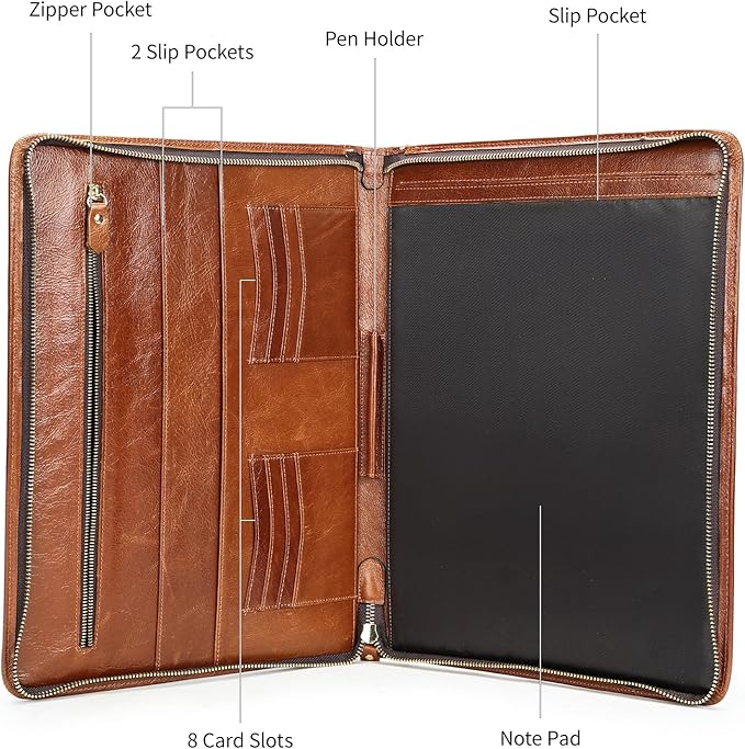 Genuine Leather Portfolio for Men Women Zipper Business Resume Padfolio Organizer Binder A4 Meeting Folder13 inch brown