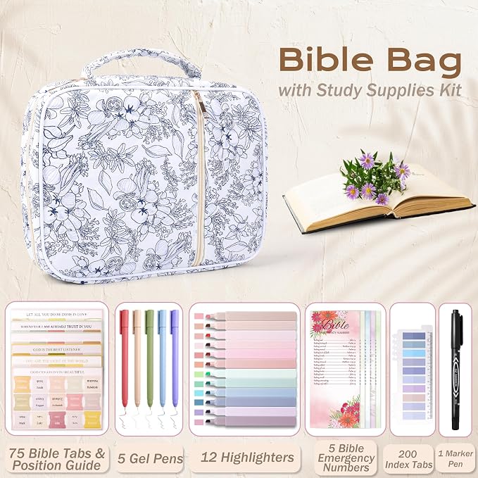XKDOUS 30 Pcs Bible Bag Kit for Women Quilted Bible Cover Case w/Handle, Tabs, Study Supplies Bible Journaling Kit Large Book Carrying Case Christian Gifts for Mother Lady