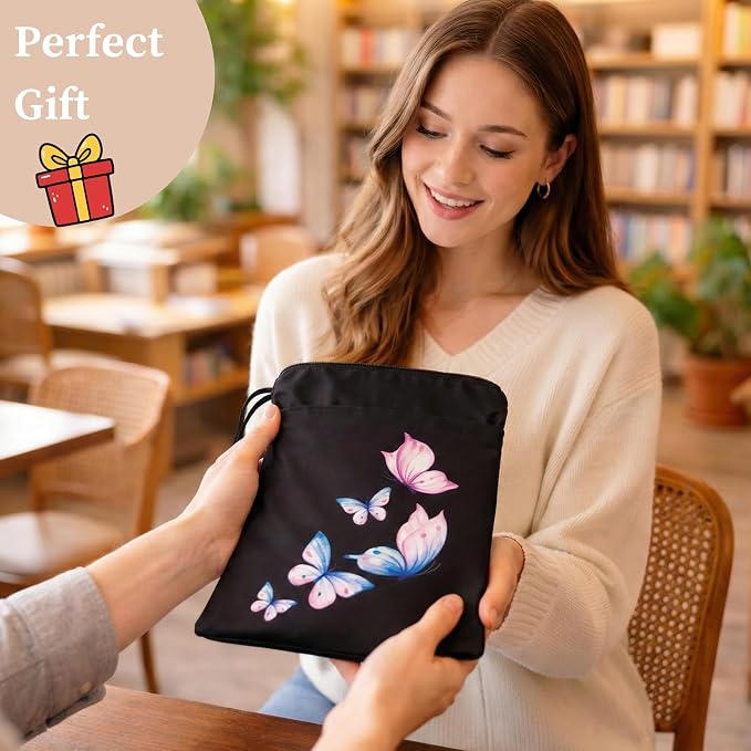 The Story Satchel Book Sleeve with Spacious Front Pocket - A Waterproof Protector Book Bag Pouch with Zipper - Perfect Book Lovers Gifts for Hardcover or Paperback (Butterfly Black)
