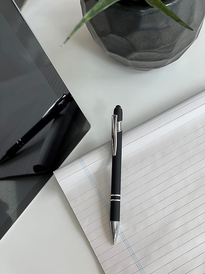Lenden Pack of 5 Rubberized Comfort Soft Touch 2 in 1 Ballpoint Pen Capacitive Stylus Tip, Premium Metal Medium Point, Black Ink, Compatible with Most Touch Screens (Black)