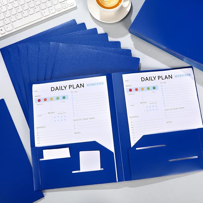 Fulmoon 48 Pack Plastic Folders with 2 Pockets Bulk 11 x 9 Inch Heavy Duty File Pocket Folders and 4 Card Slots Fit Letter Size Paper Cards for Back to School Office Home Supply(Blue)