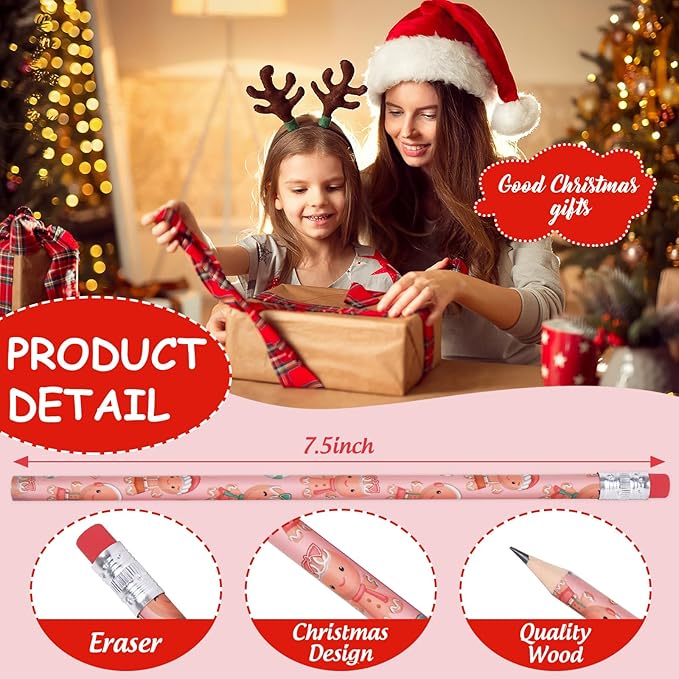 Whaline 36Pcs Christmas Pencils with Erasers Pink Gingerbread Man Writing Pencil Cute Cartoon Holiday Wood Pencil for Xmas Winter Stationery Party Favors Classroom Office School Stocking Stuffers Gift