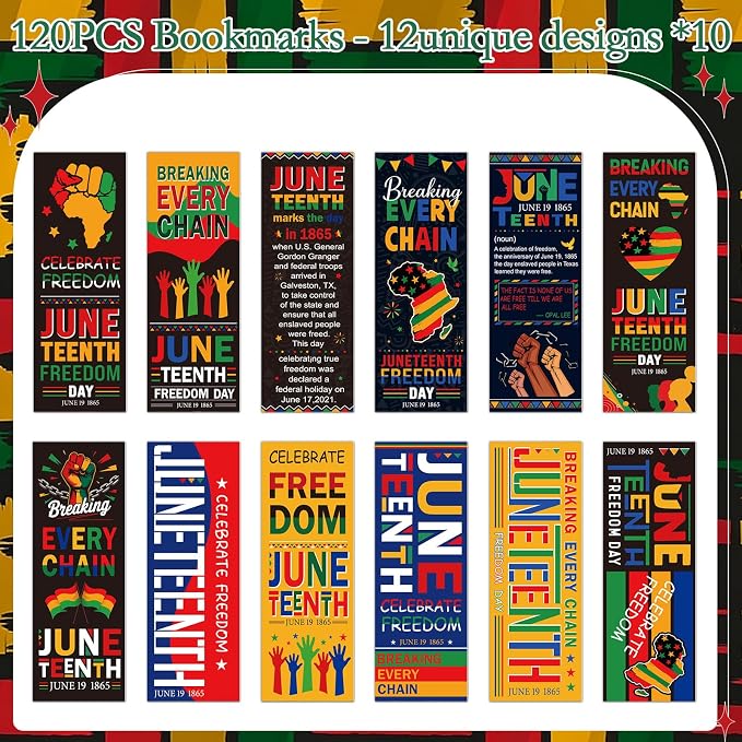 Wxiben Juneteenth Bookmarks Gifts Set - 120 Pcs Freedom Day Bookmarks 1865 African American Book Marks Page Marker Clip Inspirational Favors for June 19th Office School Home Party Supplies