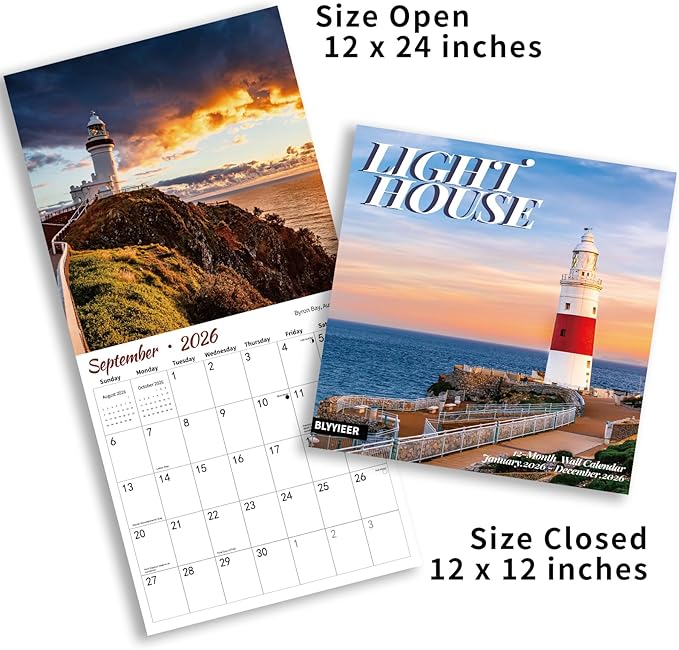 2026 Wall Calendar Lighthouse, 12 Months Hangable Wall Calendars, 12" x 24" (Open), Thick Glossy Paper, Organizing & Planning