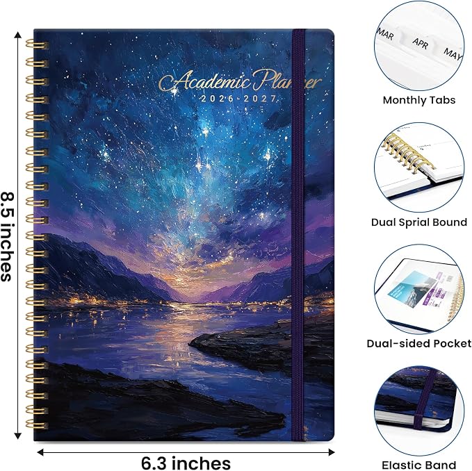 Planner 2026–2027, Academic Planner Weekly and Monthly Calendar Jul 2026 – Jun 2027 Hardcover Planner with Tabs and Pocket, Spiral Bound Agenda Book for Student & Teacher, 6.3" x 8.5", Starlit Waters