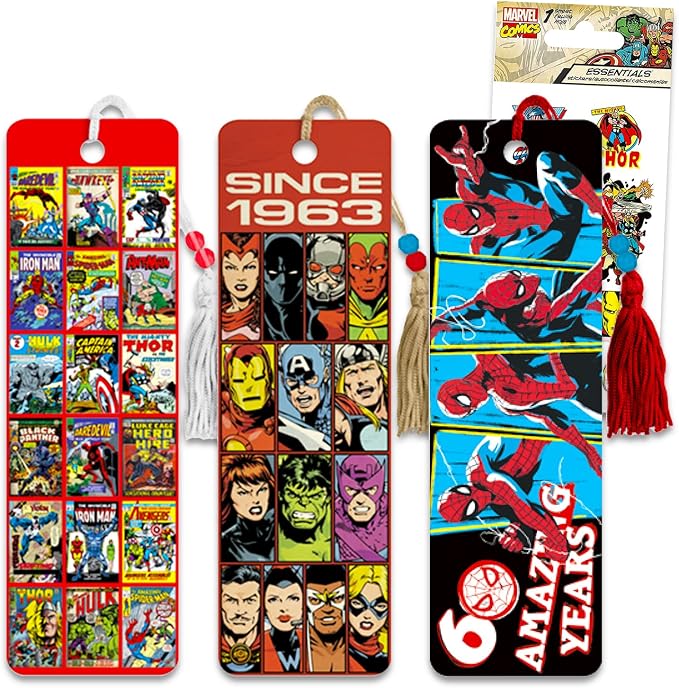 Retro Marvel Bookmark Set - Bundle with 3 Bookmarks Featuring Spiderman and Avengers Plus Stickers | Marvel Comic Book School Supplies for Boys, Kids, Teens, Adults