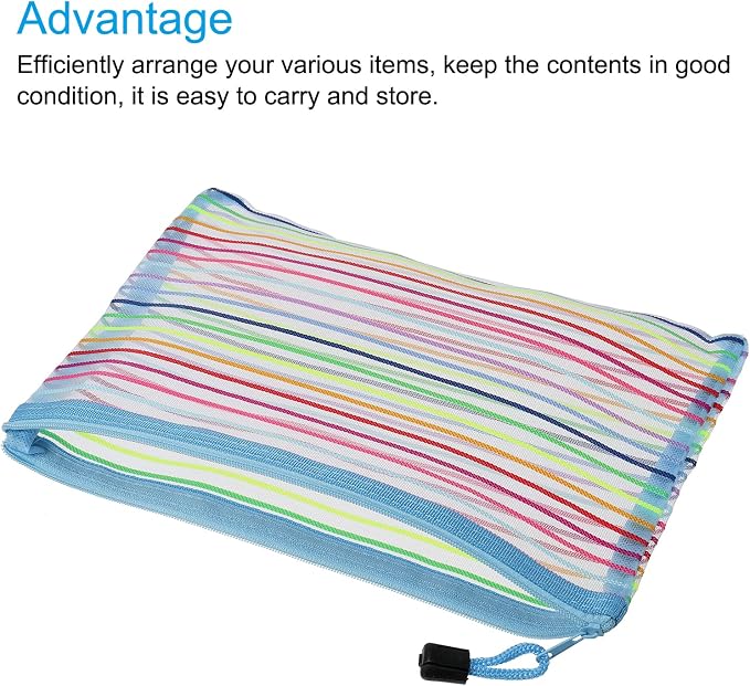 MECCANIXITY Mesh Zipper Pouches, A5 Colorful Pencil Case Document File Bags Storage Organizer for Office Supply Travel Accessory, Sky Blue Pack of 6