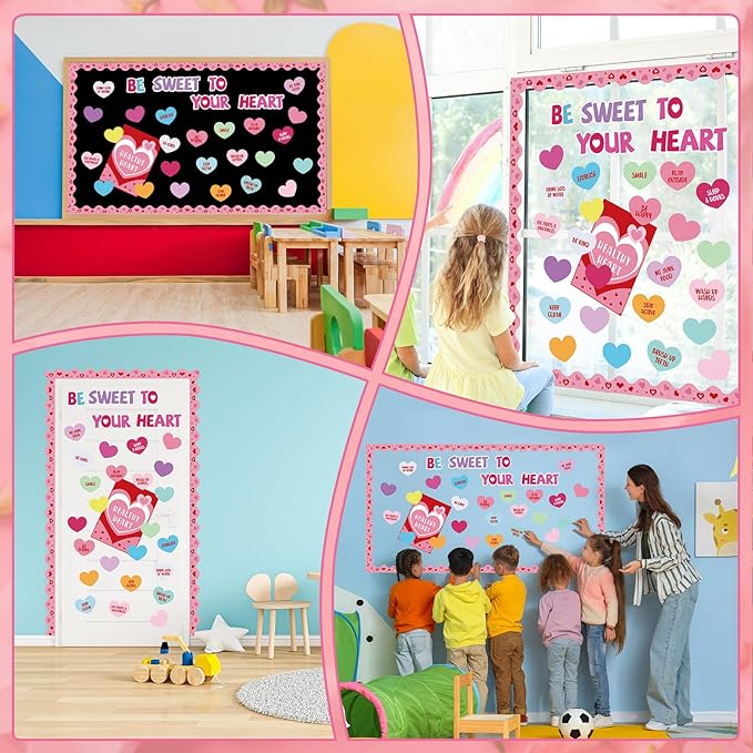Pajean Valentine's Day Heart Bulletin Board Set Romantic Love Classroom Decorations Sweet Day Theme Paper Cutouts for Wall Window Decor School Office Supplies(Conversation Hearts)