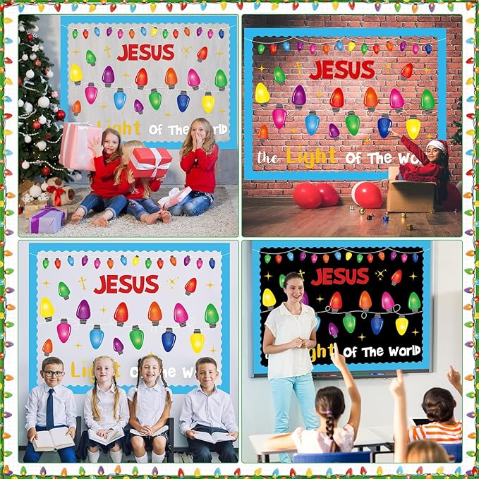 77 Pcs Religious Christmas Bulletin Board Decorations Set with Colorful Light Bulb Paper Cutouts Christian Jesus Bulletin Board for Sunday School Classroom Chalkboard Church Decor