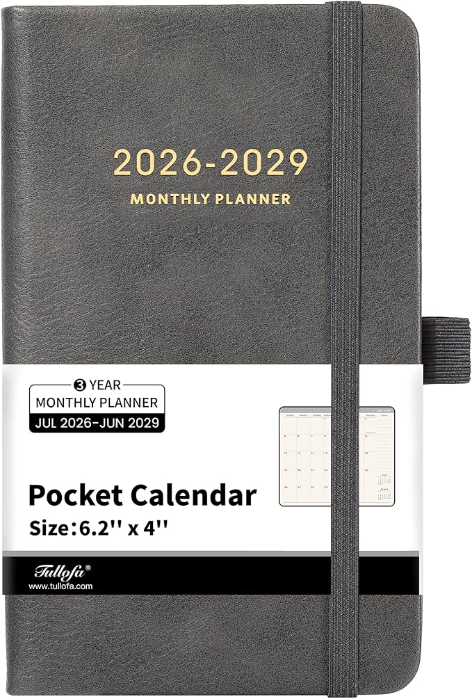Pocket Planner 2026-2029 - 2026-2029 Monthly Planner, Pocket Calendar (36-Month) With 60 Notes Pages, Jul. 2026 - Jun. 2029, 6.2" x 4", 3-Year Planners with Contacts, Holidays and Pen Holder, Elastic Closure - Grey