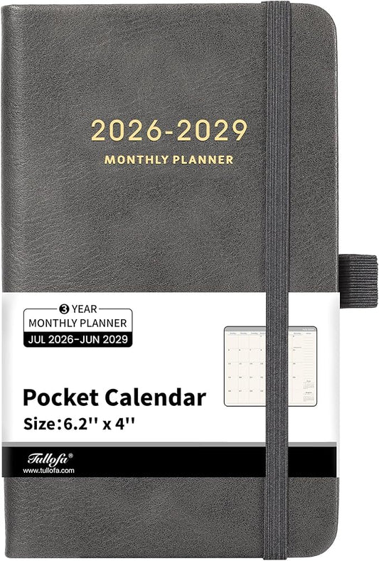 Pocket Planner 2026-2029 - 2026-2029 Monthly Planner, Pocket Calendar (36-Month) With 60 Notes Pages, Jul. 2026 - Jun. 2029, 6.2" x 4", 3-Year Planners with Contacts, Holidays and Pen Holder, Elastic Closure - Grey