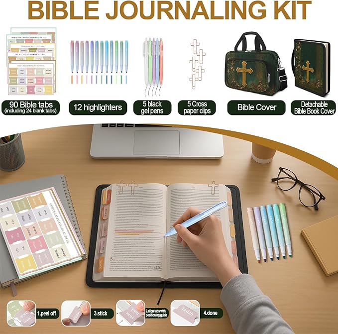 Boho Floral Bible Cover Case for Women, Large Bible Bag Bible Study Supplies Journaling Kit & Highlighters Tabs Pens Cross Clips, Book Carrying Cases w/Shoulder Strap Pocket Christian Gift