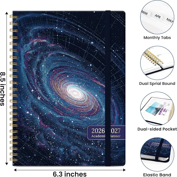 Planner 2026-2027, Hardcover Monthly and Weekly Academic Planner July 2026 - June 2027, Teacher and Student Calendar Agenda Book with Tabs, A5 (6.3" x 8.5"), Ideal for School and Office, Galactic Spiral