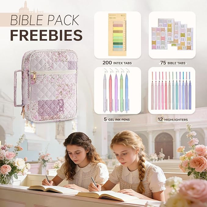 Bible Cover Case for Women Large Bible Cover Bag Quilted Bible Carrying Case for Girls Bible Study Supplies Accessories Christian Gifts for Women (Purple Floral, Large)