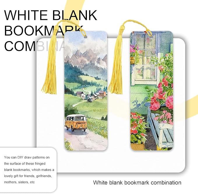 Bercoor 240 PCS White Blank Paper Bookmarks Decorate with 240 Pcs Tassels, Thick Cardstock Bookmark for DIY Craft Projects and Gifts Tags