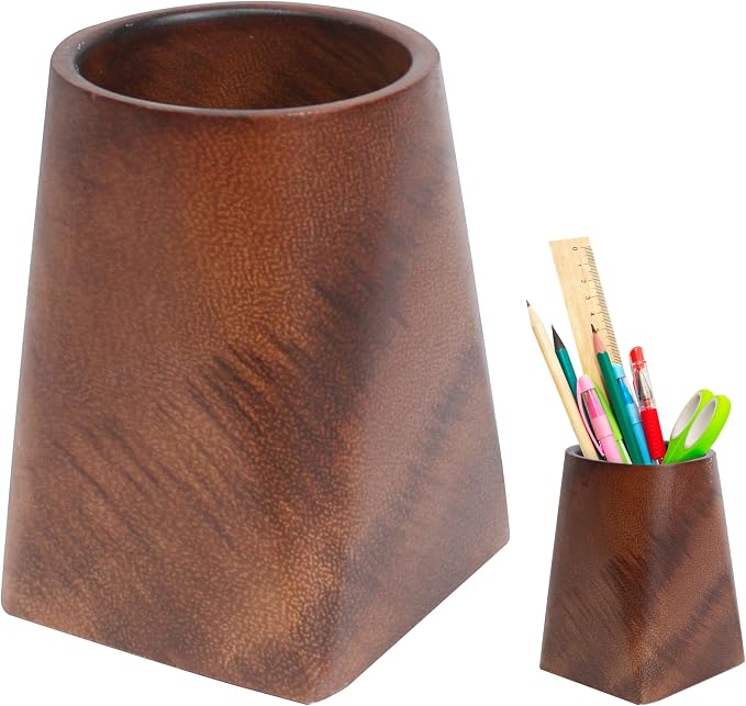 Wooden Pencil Holder, Walnut Wood Pen Cup, Desk Accessories, 4 Inch Organizer Caddy Stand, Vintage Rustic Box for Desktop, Men Supplies, Makeup Brushes, Stationery, Offices Decoration (Dark Brown)