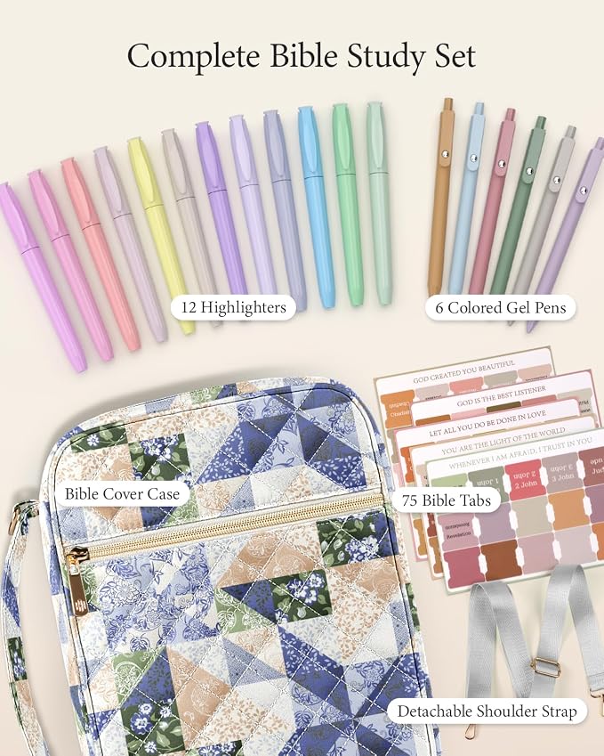 BellaHold Bible Cover Case for Women, Large Bible Bag with Detachable Strap & Bible Study Supplies, 12 Highlighters, 6 Gel Pens & 75 Bible Tabs, Christian Gifts for Women (Light Blue Patchwork)