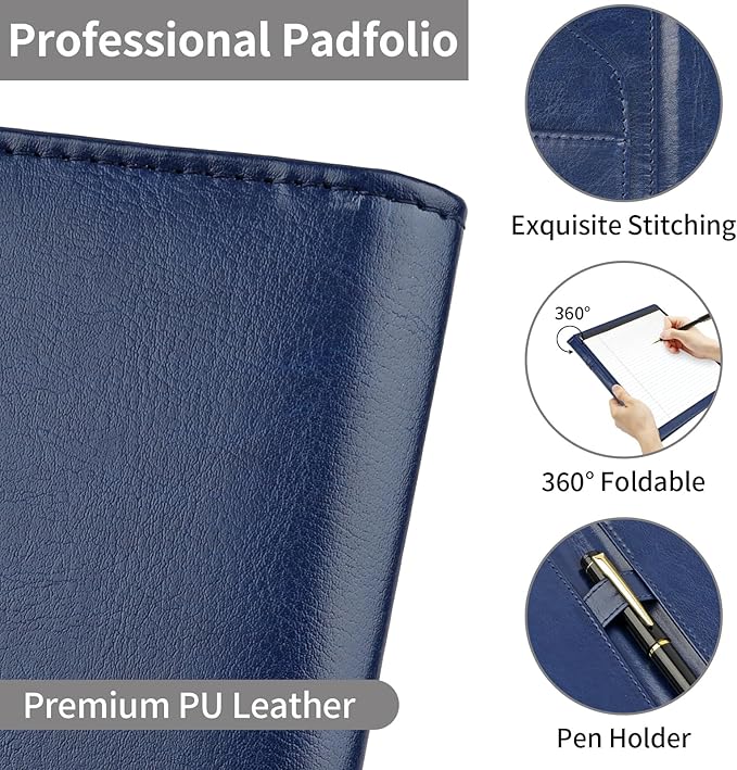 MOWPOG Professional Padfolio Portfolio Binder, Faux Leather Interview Resume Folder, Letter Size A4 Legal Writing Pad Holder, Document Organizer for Business School Office Conference (Blue)