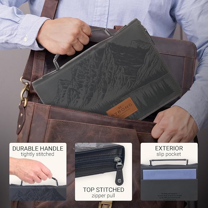 Christian Art Gifts Premium Classic Vegan Leather Bible Cover for Men & Women: Strong and Courageous Inspirational Bible Verse, Protective Book Carry Case, Gray, Medium