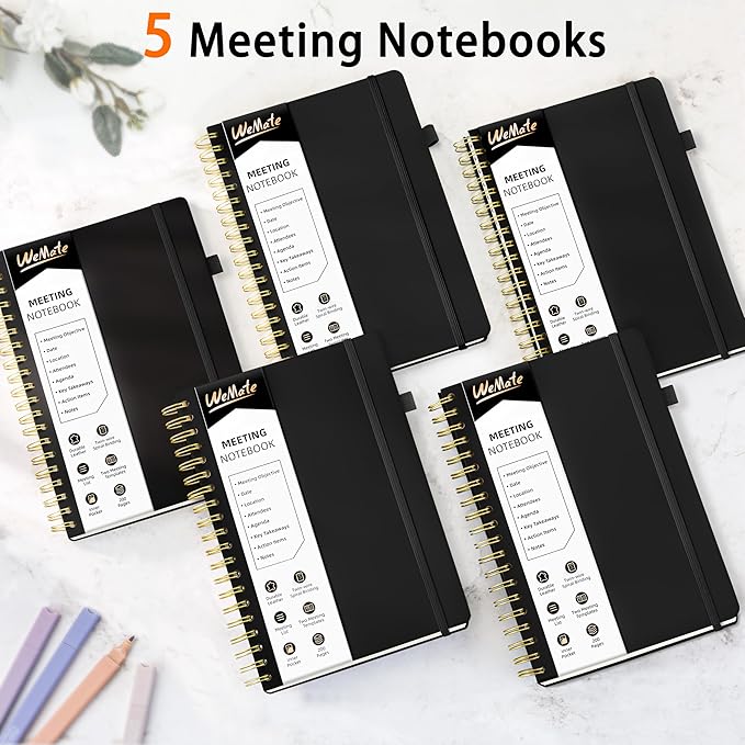 WEMATE 5 Pack Meeting Notebooks for Work（7"x10"） 200 Pages, PU Leather Notebook with Action Items & Note, For Staff & Students, Meeting, Projects Planning - All Black Set