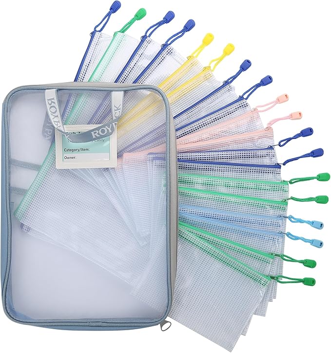 18-Pack Mesh Zipper Pouch Set with 1 Organizer Bag, 5 Sizes (A4 A5 A6 Bill B6) Clear Waterproof File Bags for Categorized Storage, Professional Travel & Home Office (19pcs)