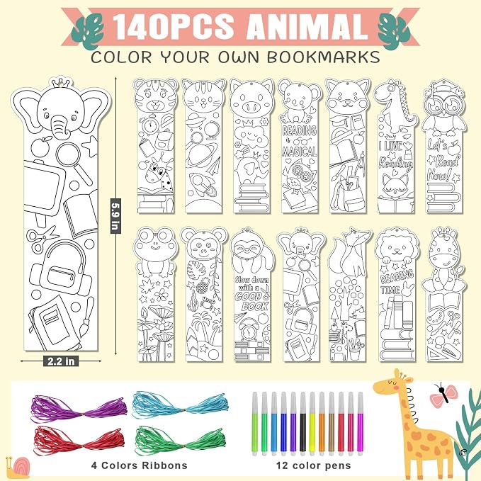 140PCS Color Your Own Bookmarks, 14 Styles Animal DIY Coloring Blank Bookmarks for Kids, Cartoon Animal Unfinished Page Marker for Reading Lover, Party Game Prize Classroom