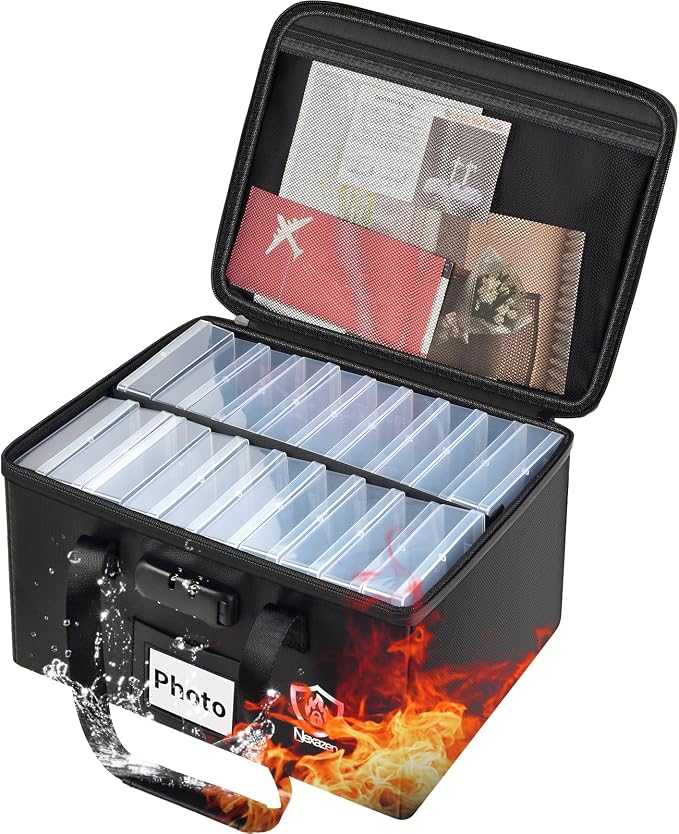 Fireproof Photo Storage Box with Lock, Holds 20 Inner 4"x6" Photo Cases, Waterproof Picture File Organizer, Portable Photos Boxes Containers for Valuables, Photos, Crafts, Documents (Small)