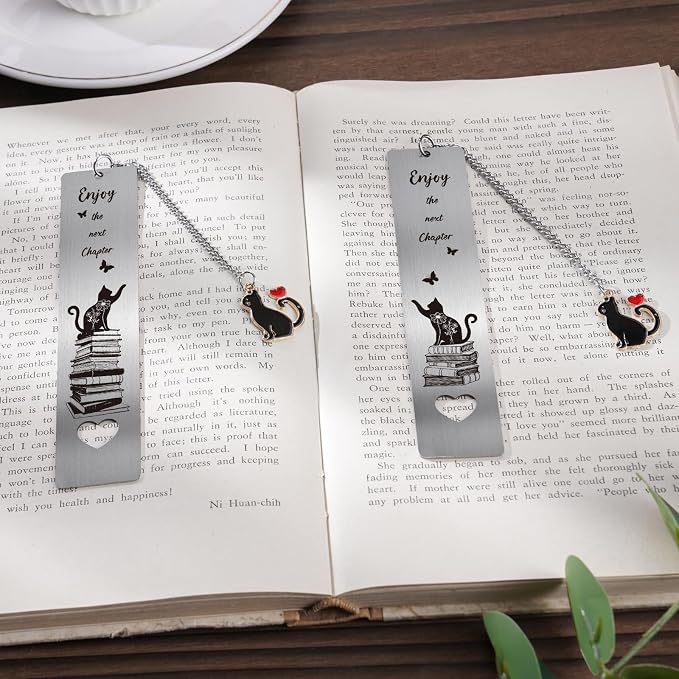 Cute Cat Metal Bookmark - 2 PCs Enjoy The Next Chapter Bookmarks Reading Women Men Teachers Retirement Gifts Book Markers Pendant Book Cat Lovers Readers Students Family Friends Birthday