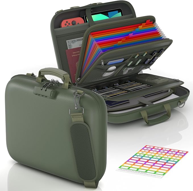 Nacial Fireproof Document Box with Lock & Shoulder Strap, Hard-Shell Fireproof File Organizer with 13 Pocket Accordion File Folder, Portable Safe Storage for Important Documents, Laptop, Green