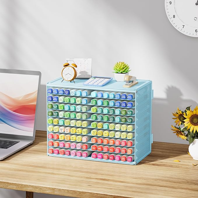 Marbrasse Mesh Marker Organizer, Metal Desktop Storage Rack for 126 Markers, Pens, Pencils, 9 Tier Marker Holder for Office Classroom & Home Art Supplies(Blue)