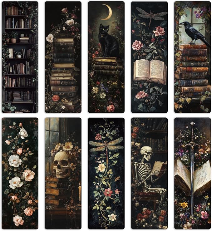 Gothic Dark Academia Bookmarks for Women - 20 Pcs Vintage Books Flowers Cottagecore Paper Bookmark for Novel Lovers, Retro Dark Romance Aesthetic Black Cat Skull Decorations Gift for Book Lovers
