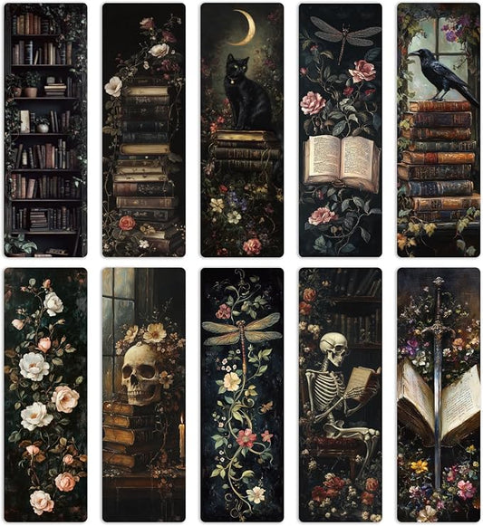 Gothic Dark Academia Bookmarks for Women - 20 Pcs Vintage Books Flowers Cottagecore Paper Bookmark for Novel Lovers, Retro Dark Romance Aesthetic Black Cat Skull Decorations Gift for Book Lovers