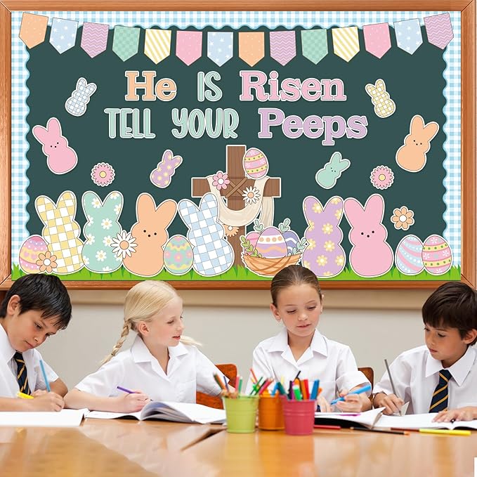 Easter Bunny Religious Cross Bulletin Board Set Jesus He is Risen Classroom Decoration Resurrection Cross Colored Rabbit Eggs Paper Cutouts for Spring Home Sunday School Wall Chalkboard Decor