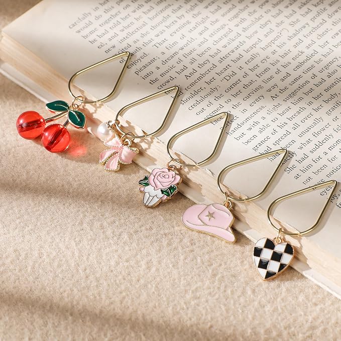 Cute Pink Bookmark Gift - 8 PCs Western Cowboy Boots Metal Aesthetic Paperclip Book Mark Flower Cherry Bow Page Markers for Reading Lovers Women Girls Students Teachers School Accessories