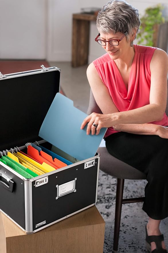 Vaultz Portable File Box - 17.5 x 14 x 12.5 Inch Legal/Letter Size Storage Box with Dual-Combination Locking for Document Filing and Organization,Black