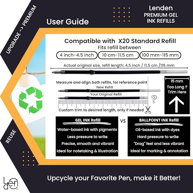 Pack of 12 Gel Ink Refill for Retractable Pens, Medium Tip Point 0.7mm, Black Ink, Fits Retractable Pen, Universal Size Refill, 115mm/11.5cm/4.5 inches (Black, 115mm)