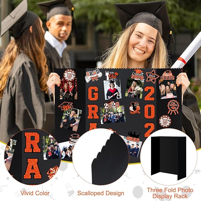 4 Set Graduation Photo Display Board, Class of 2026 Black Orange Trifold Poster Board with Grad Pattern Stickers, Graduation Photo Props Collage for Multiple Pictures Party Decorations, 16x24 Inch