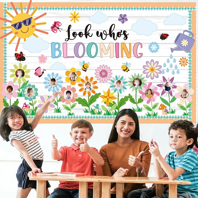 Spring Bulletin Board Decorations Set Classroom Decoration Look Who’s Blooming Spring Bloom Flower Growth Mindset Photo Posting Craft Cutout for School Offices Classroom Back to School Party Supplies