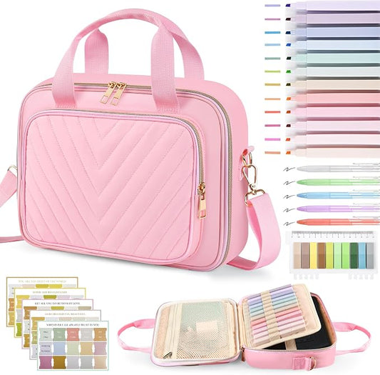 Pink Quilted Bible Bag with Study Supplies for Girls, Large Bible Cover Case for Women w/Journaling Highlighters Set & Shoulder Strap, Ladies Bible Holder Christian Gifts for Women & Teens
