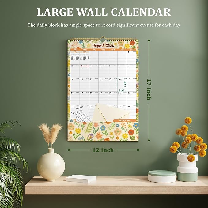 Ospelelf Wall Calendar 2026-2027 with Storage Pocket, 17" X 12" Monthly Large Planner Pad with Protective Cover and Stickers, for Family Fridge Office Teacher Student, January 2026 to June 2027 Artistic Floral
