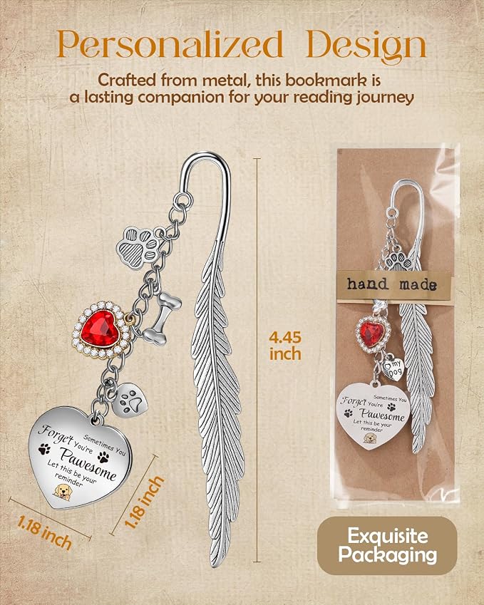 Buleens Bookmarks for Women Reading - Book Marks for Readers Book Lovers, Cute Feather Dog Paw Personalized Metal Bookmark with Pendants, Pretty and Aesthetic Book Accessories Reading Gifts