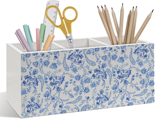 Blue and White Chinoiserie Floral Pen Pencil Holder, Blue Floral Decor Desk Accessories, Cottagecore Flower Botanical Wooden Pen Pencil Organizer for Girls Room Bedroom Office Desk Decor