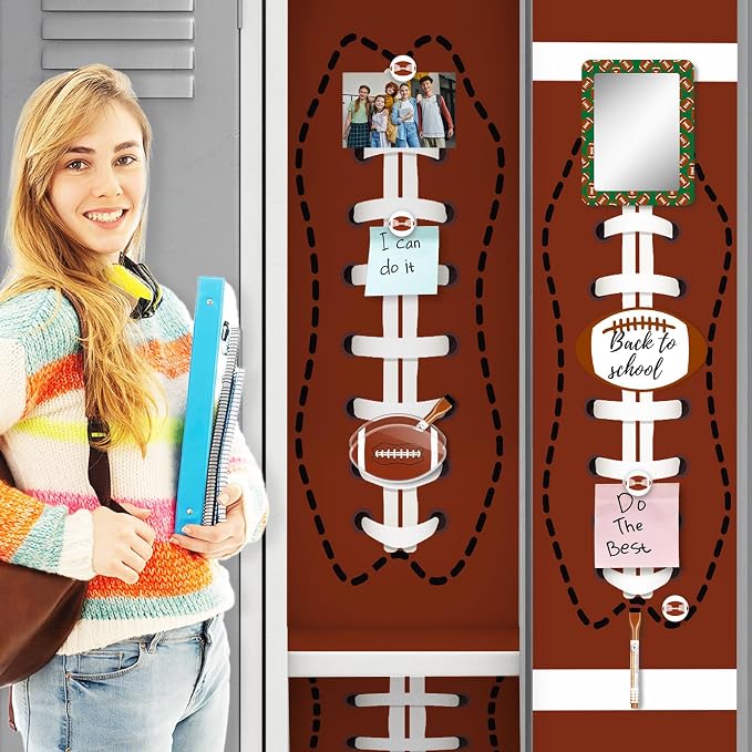 Demonwer 11 Pcs Locker Accessories Kit Rugby Themed Magnetic Whiteboard Mirror Pen Holder Rugby Stickers for Back to School Essentials Locker Decorations