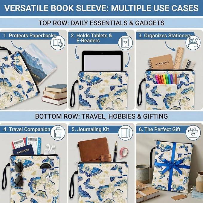 Book Sleeve for Paperbacks – Padded Book Cover with Zipper, Dust-Proof Protector Sleeve, Fabric Books Pouch Fit for Books Notebook Journal, Maximum 8x11inch